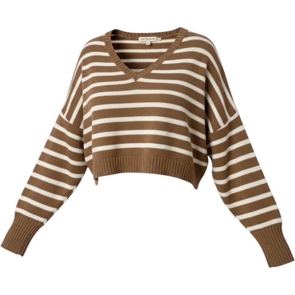 (CL) Derek Heart Brown White Striped V-Neck Cropped Dolman Sleeve Sweater Medium - Picture 1 of 6